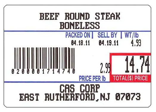 CAS LST-8010 scale label with UPC code & packaging info printed on it