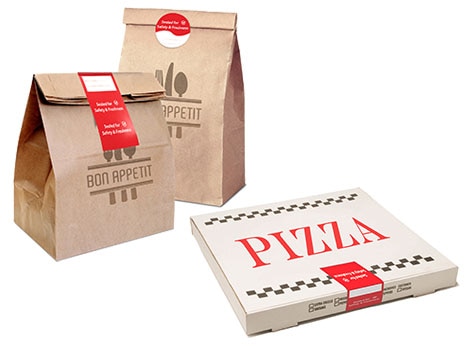 Tampaer Proof Seal Labels on Kraft delivery bags & a pizza box