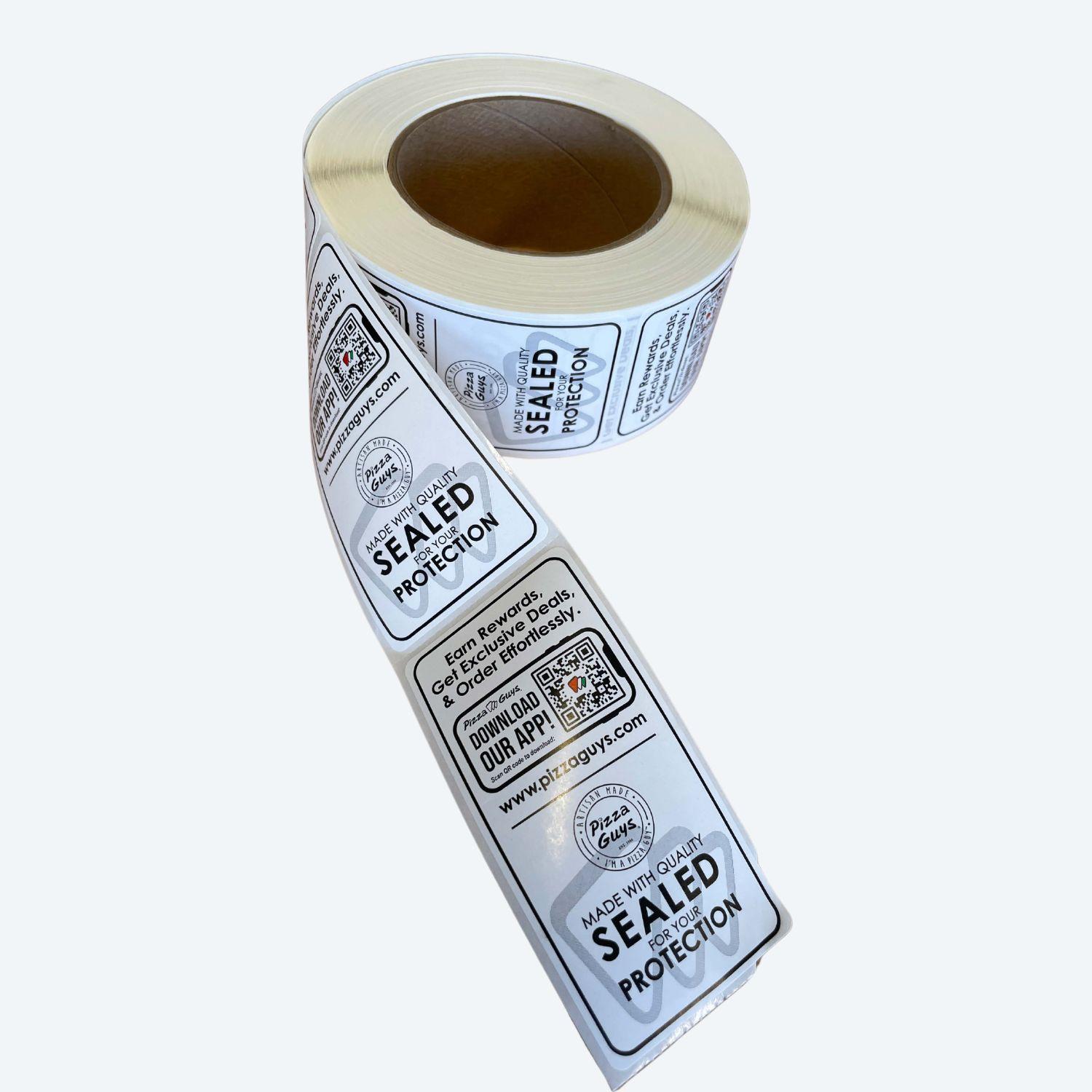 2 x 4 Pizza Guys Custom Tamper Seal Label Roll with Hot Melt Adhesive (8 Rolls)