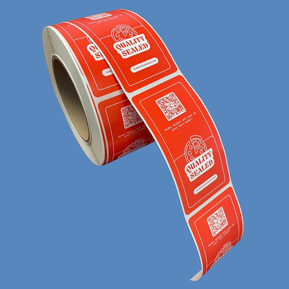2" x 4" Curry Pizza House Custom Tamper Seal Label Roll with Hot Melt Adhesive (8 Rolls)