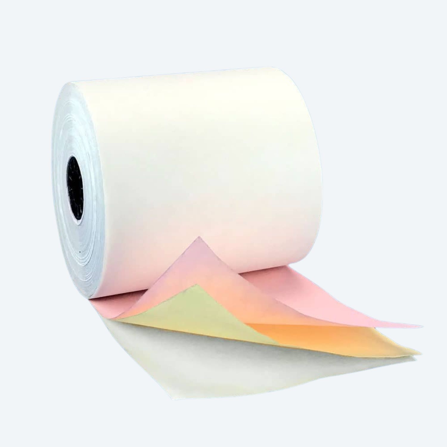 3 1/4" x 65' 3-ply Carbonless Paper Rolls - White/Canary/Pink (50 Rolls)