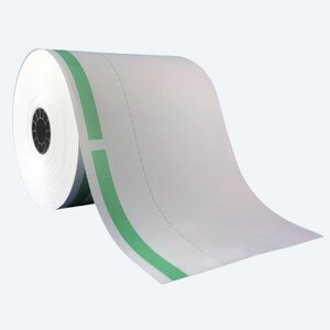 3 1/8" x 160' Green-Stripe Heavyweight Thermal Ticket Rolls, Vertical Perforation (50 Rolls) - T318-160-HWP-GS