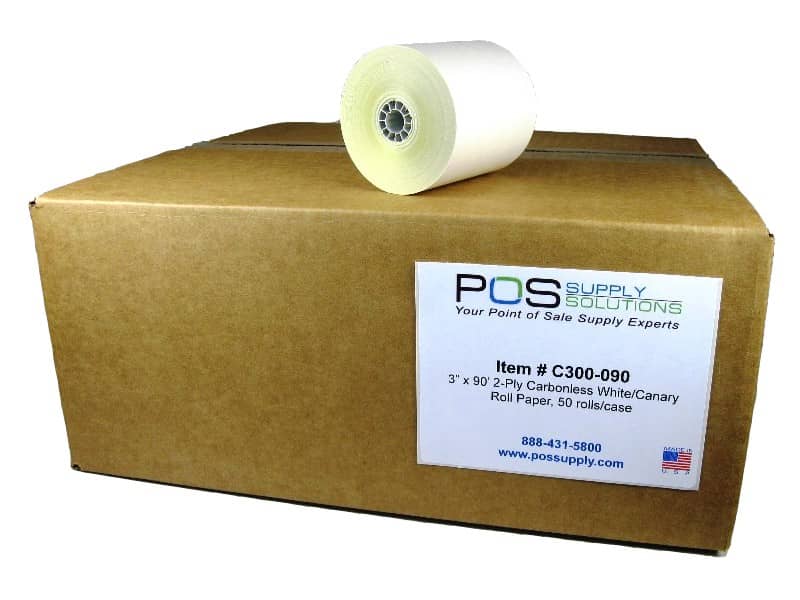 3" x 90' 2-Ply Carbonless Receipt Paper Rolls - White/Canary (50 Rolls)