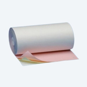 8 7/16" x 130' 3-Ply Carbonless Teleprinter Paper Rolls - White/Canary/Pink (12 Rolls)